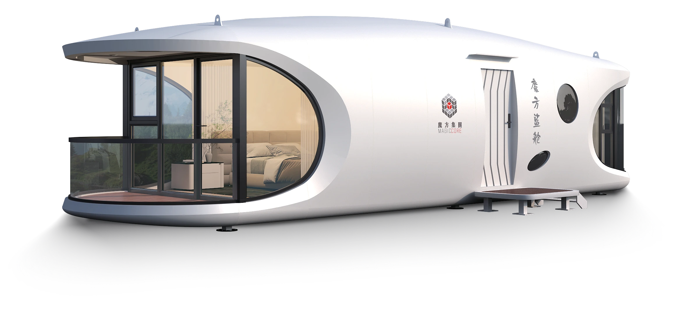 Nova Aero. Капсульный дом с округлым корпусом, панорамным остеклением и террасой.