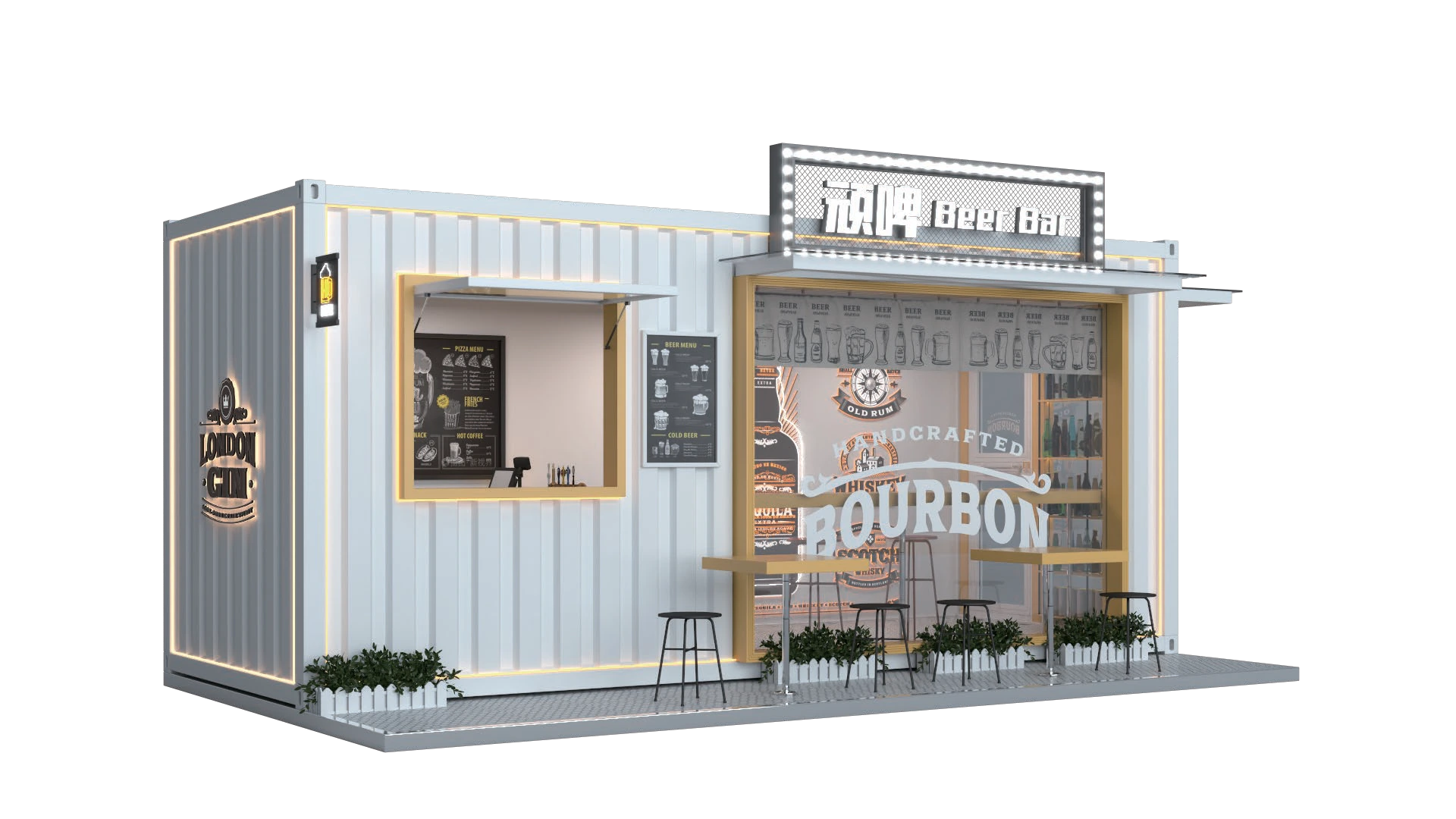Vento Bar. Контейнерный бар с окнами выдачи и стойкой у фасада.