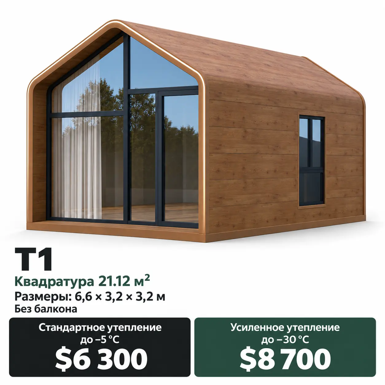 Дом Lumi T1. Площадь 21,12 м². Размеры: 6,6 × 3,2 × 3,2 м. Стандартное утепление до −5 °C: 6 300 $. Усиленное утепление до −30 °C: 8 700 $.