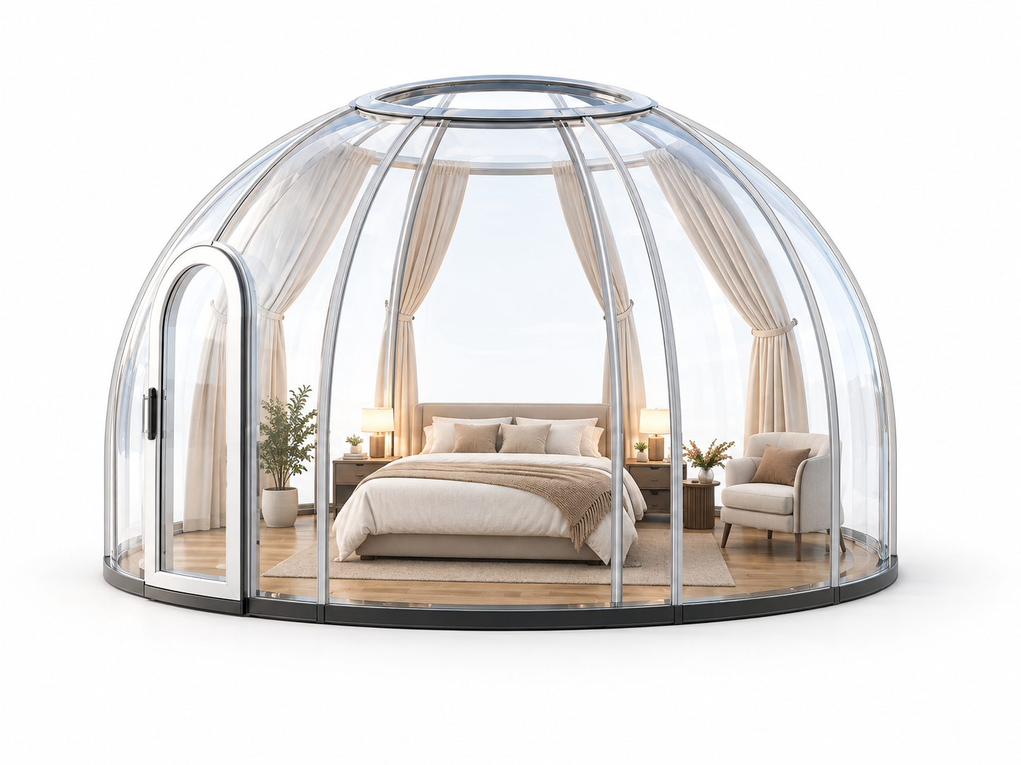 Круглый прозрачный купол Sfera D1, 19,6 м², с двуспальной кроватью, шторами и зоной отдыха.
