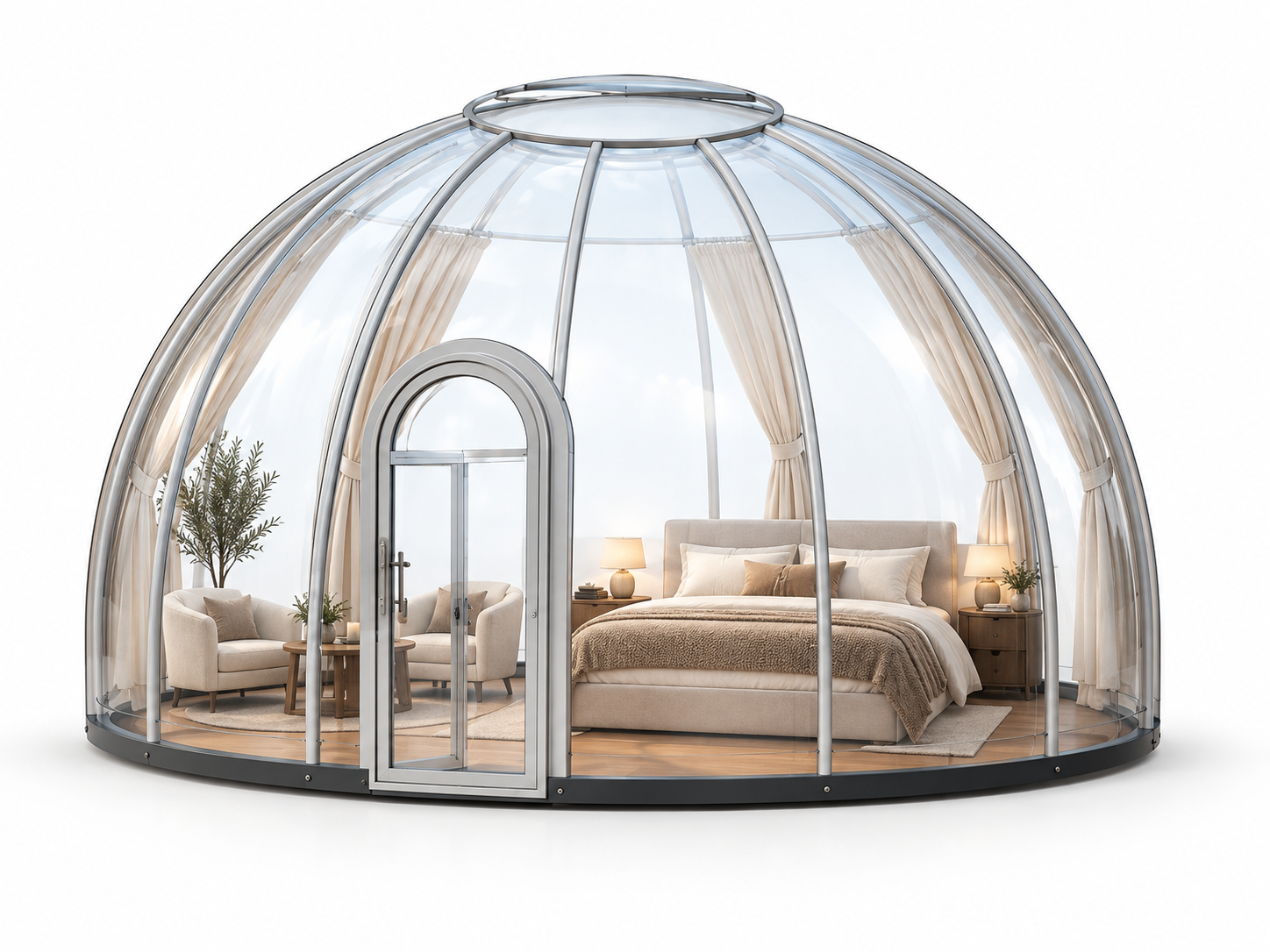 Круглый прозрачный купол Sfera D1, 28,3 м², с двуспальной кроватью, шторами и зоной отдыха.