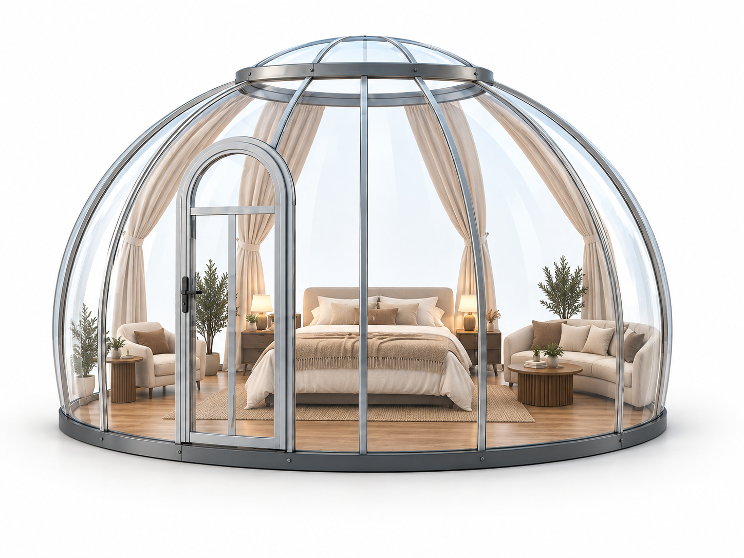 Круглый прозрачный купол Sfera D1, 30,3 м², с двуспальной кроватью, шторами и зоной отдыха.