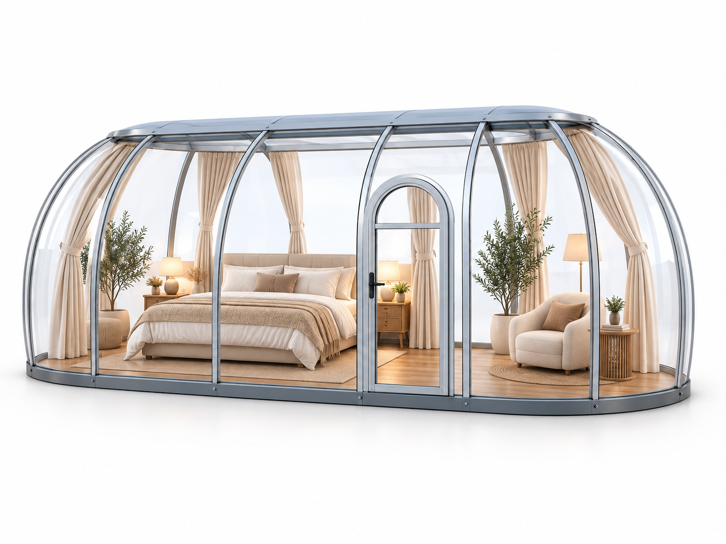 Овальный прозрачный купол Sfera D2, 20,1 м², с двуспальной кроватью, шторами и зоной отдыха.