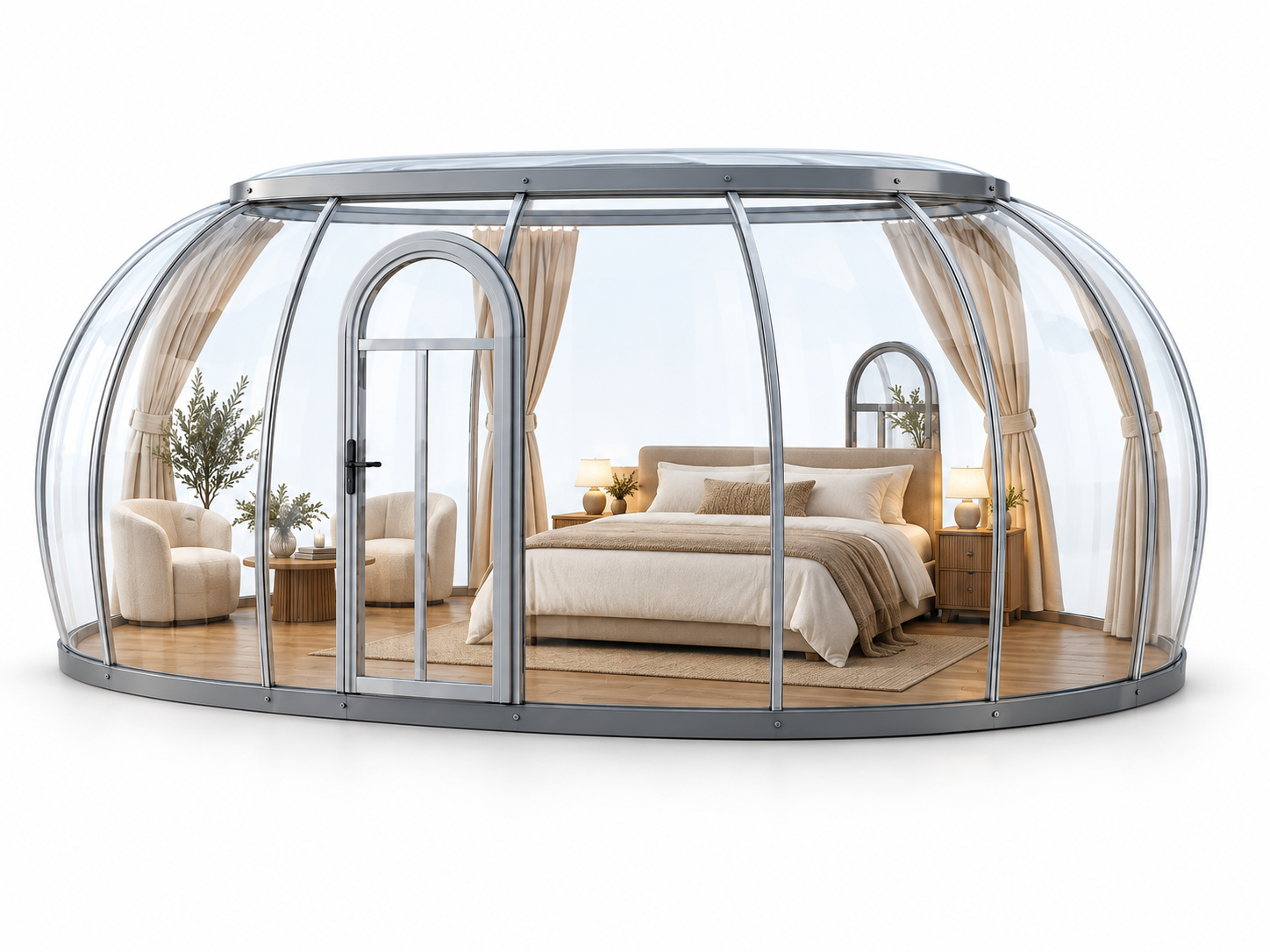 Овальный прозрачный купол Sfera D2, 24,6 м², с двуспальной кроватью, шторами и зоной отдыха.