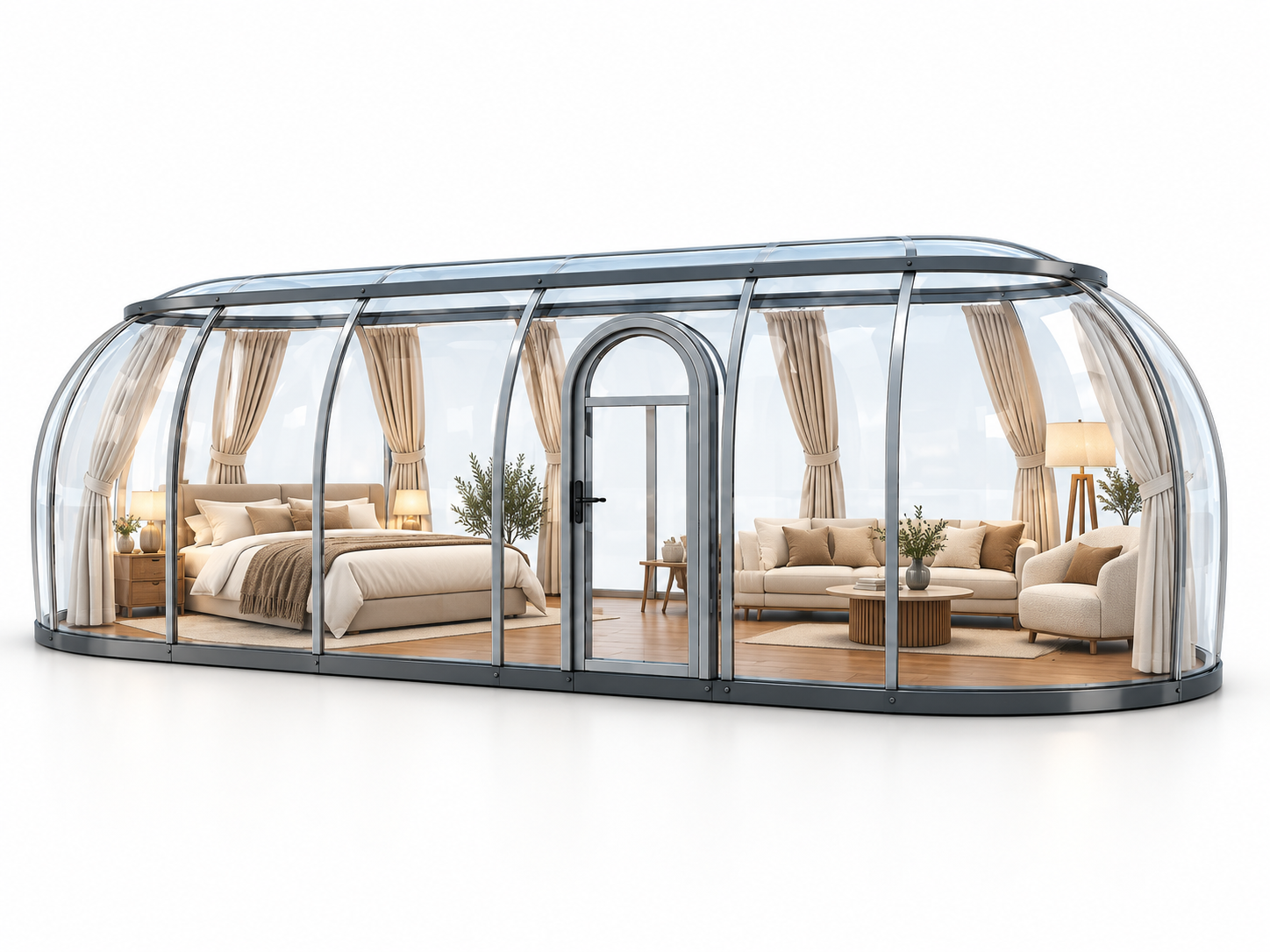 Овальный прозрачный купол Sfera D2, 30,6 м², с двуспальной кроватью, шторами и зоной отдыха.