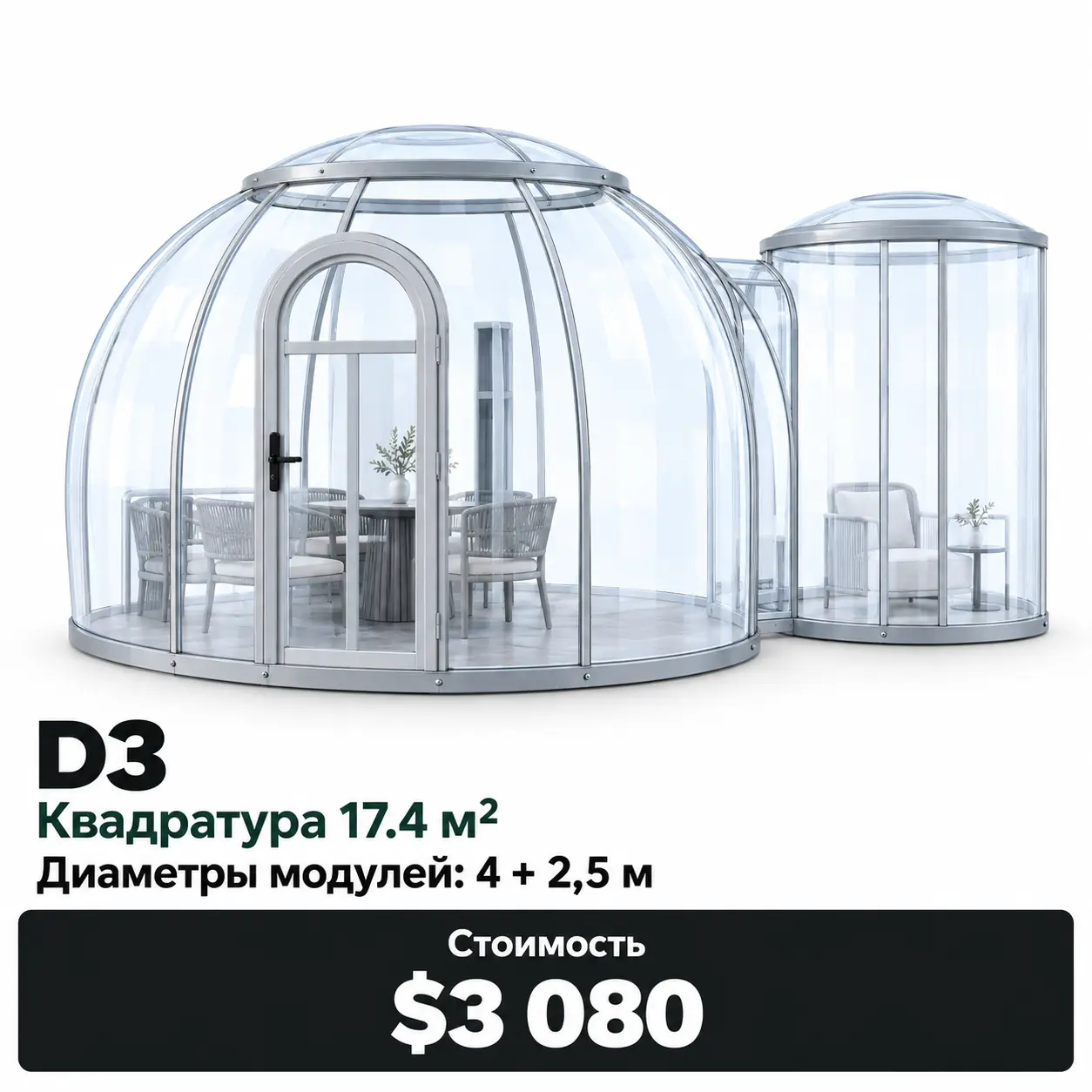 Sfera D3 · 17,4 м². Диаметры модулей: 4 + 2,5 м. Цена: 3 080 $.