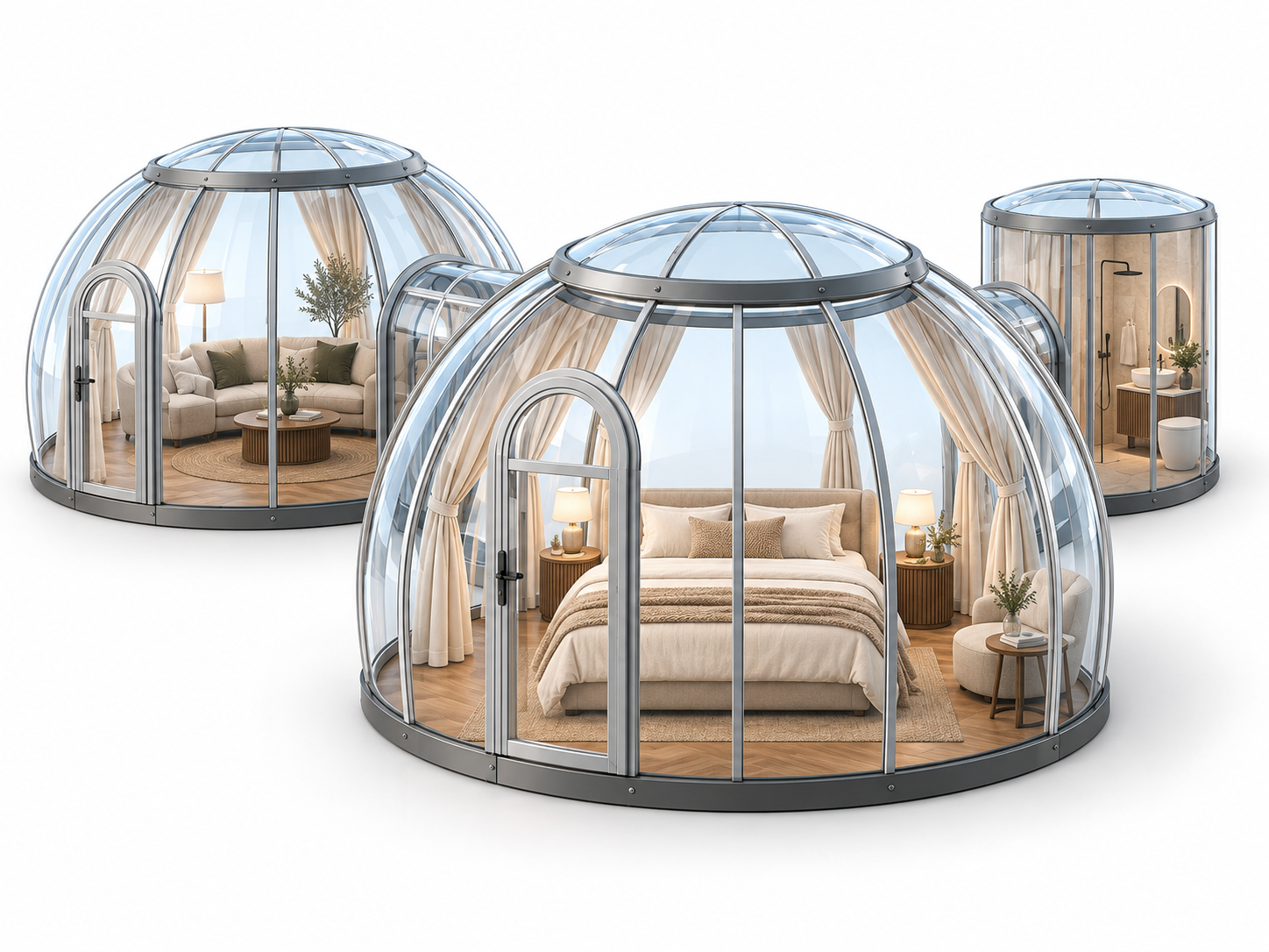 Комплекс из прозрачных купольных модулей Sfera D3, 24,37 м², с двуспальной кроватью, шторами и зоной отдыха.
