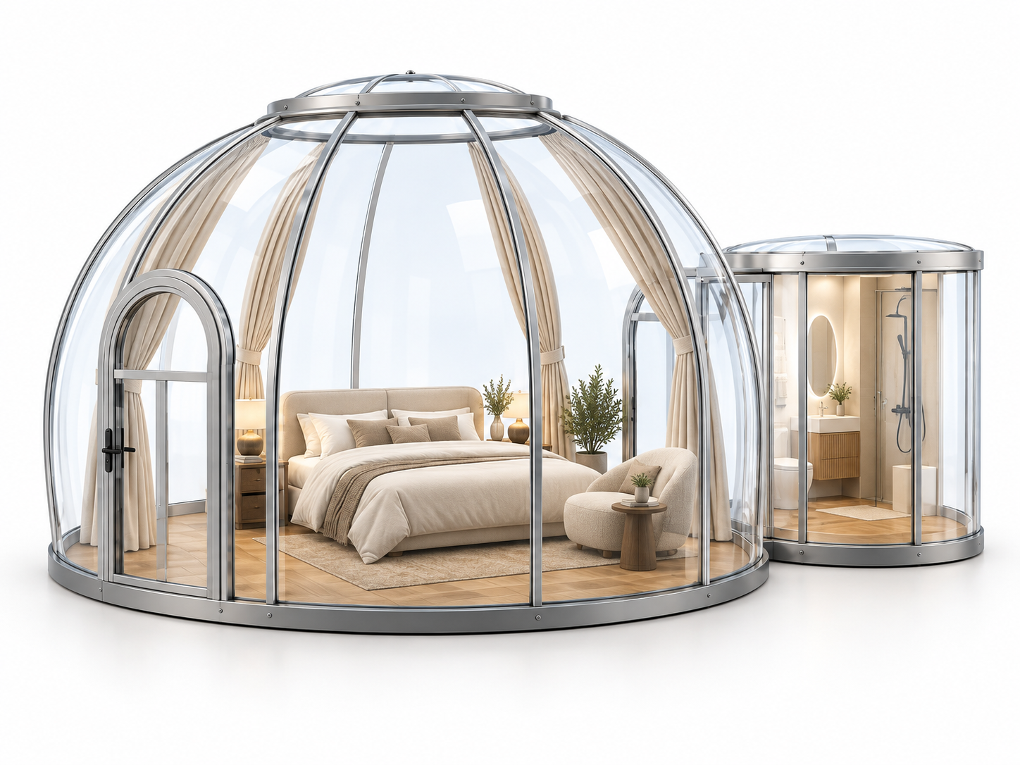Комплекс из прозрачных купольных модулей Sfera D3, 24,52 м², с двуспальной кроватью, шторами и зоной отдыха.