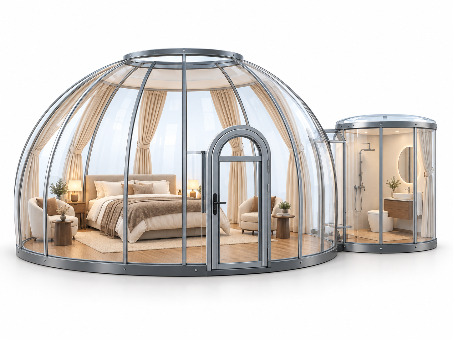 Комплекс из прозрачных купольных модулей Sfera D3, 33,2 м², с двуспальной кроватью, шторами и зоной отдыха.