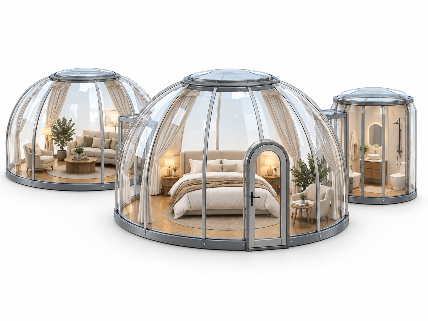 Комплекс из прозрачных купольных модулей Sfera D3, 45,7 м², с двуспальной кроватью, шторами и зоной отдыха.