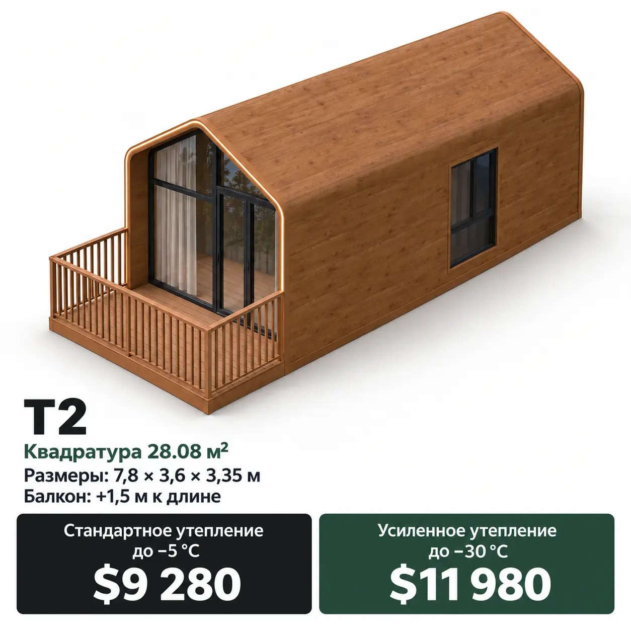 Дом Lumi T2. Площадь 28,08 м². Размеры: 7,8 × 3,6 × 3,35 м. Стандартное утепление до −5 °C: 9 280 $. Усиленное утепление до −30 °C: 11 980 $.